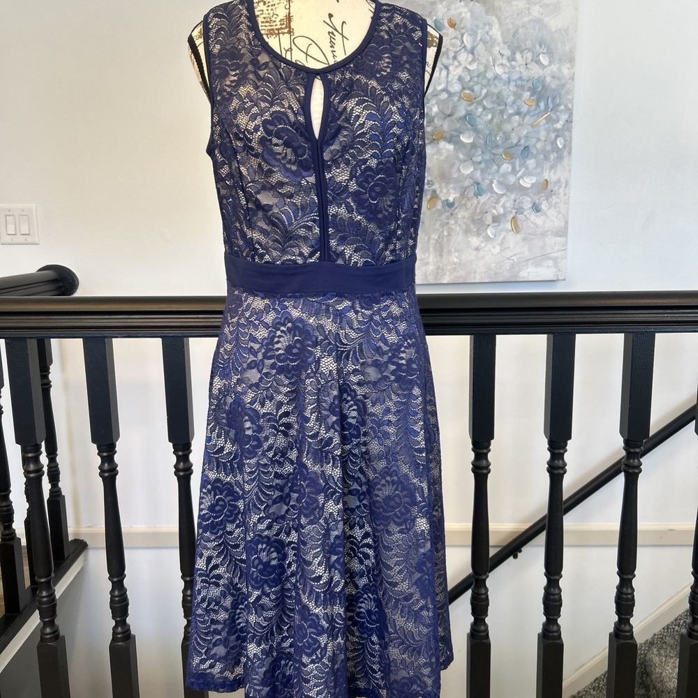 Kate Kasin Blue Lace‎ Overlay Knee Length Dress Size Medium Large New